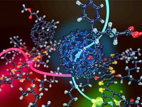 Physical Chemistry Chemical Physics front cover: a fullerene acceptor surrounded by donor polymer chains, with coloured pathways tracing charge transport between them.